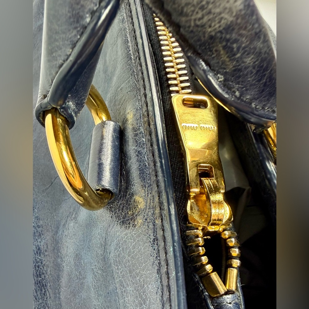 Miu Miu Vitello Lux Blue Leather Satchel Bag Distressed Finish Gold Hardware - Picture 10 of 13